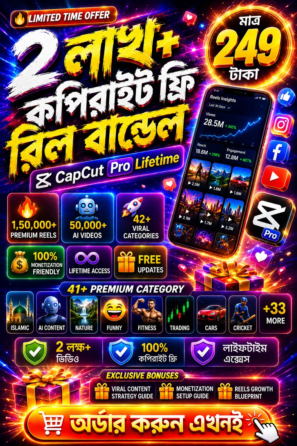 ২ লক্ষ+ কপিরাইট ফ্রি রিল বান্ডেল With Capcut Pro +Inshoot Pro+ Picsart Proলাইফটাইম এক্সেস!